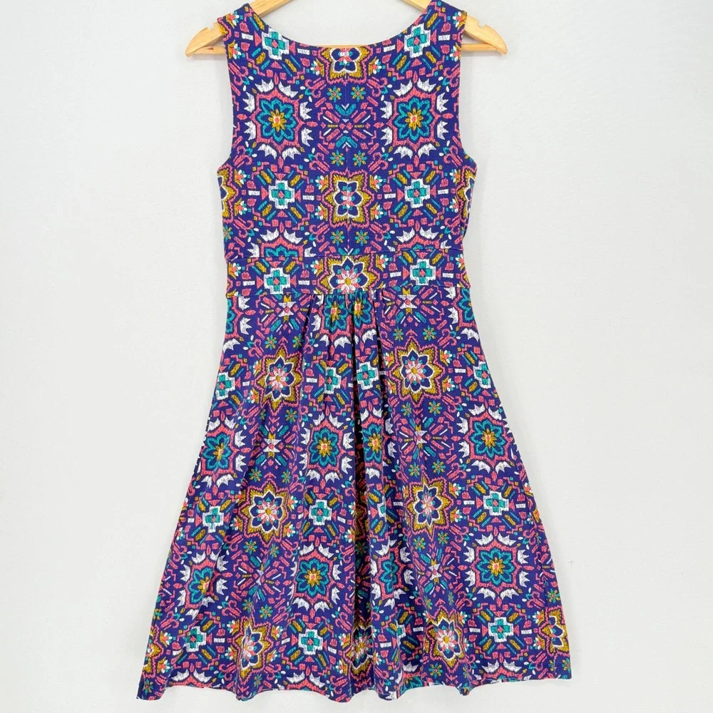 Lands End Surplice Dress Womens Small Purple Floral Ikat Boho Mod Vacation Beach